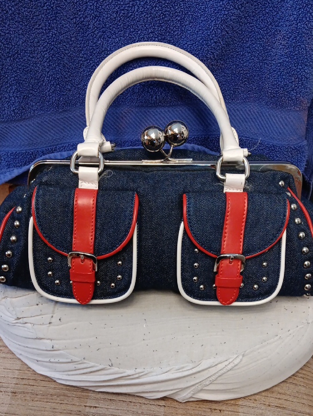 Euro Wellness Kisslick Denim Satchel Handbag with Red Trim and White Handles